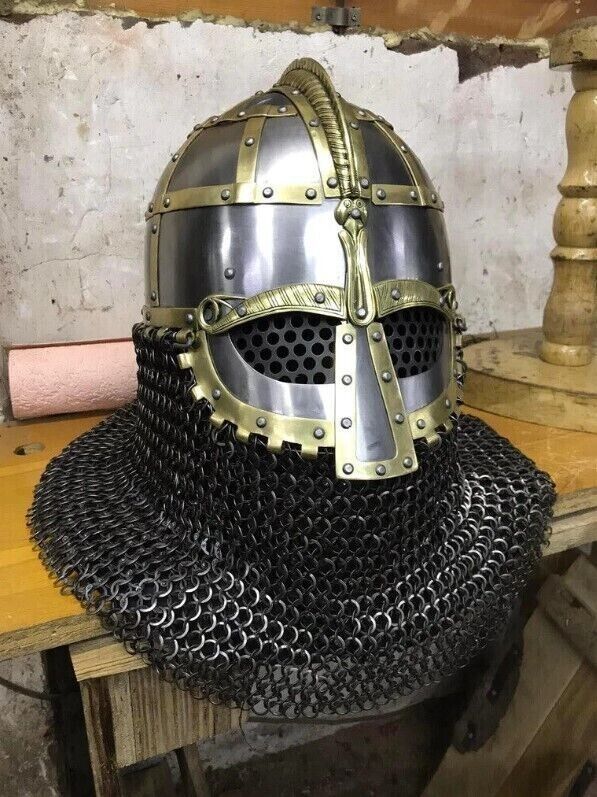 Viking Brass 16GA Helmet SCA Vendel Medieval Knight With Chainmail Steel Helmet