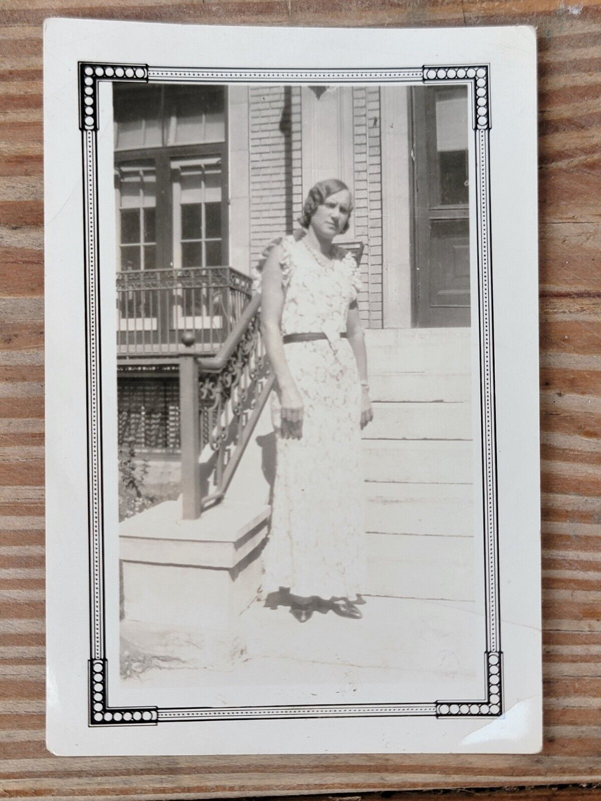 1930s Vintage Photo Snapshot Woman In White Frilly Dress On stairs Portrait