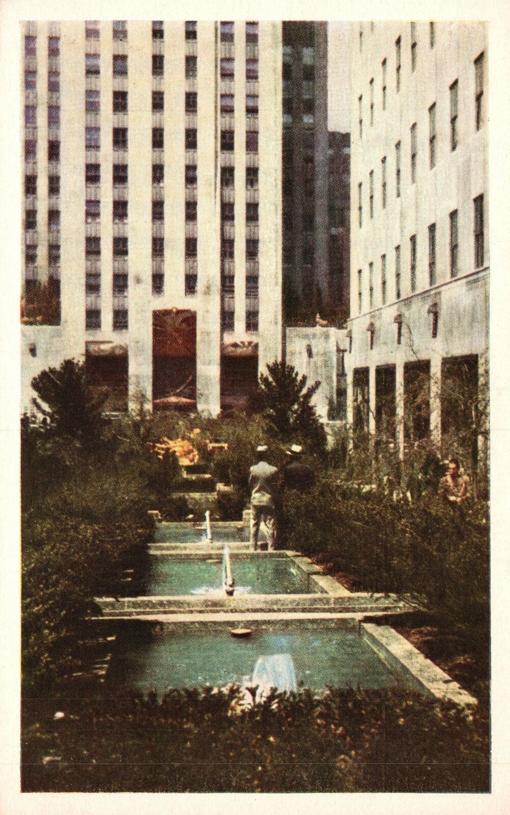 New York City NY, Rockefeller Center Building Pools Planting Vintage Postcard