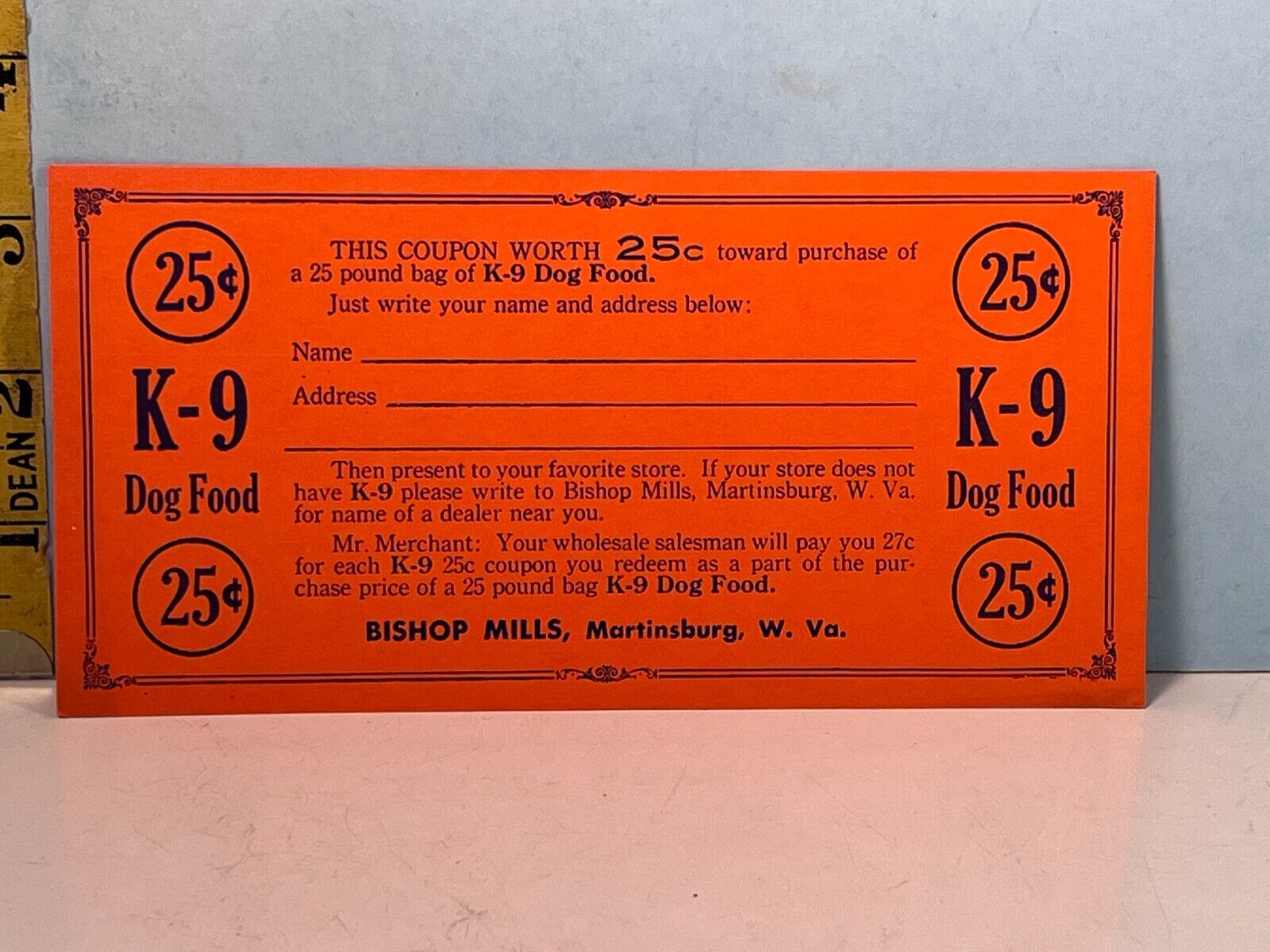 1950\'s Bishop Mills, West Virginia K-9 Golden Formula Dog Food 25 cent Coupon.