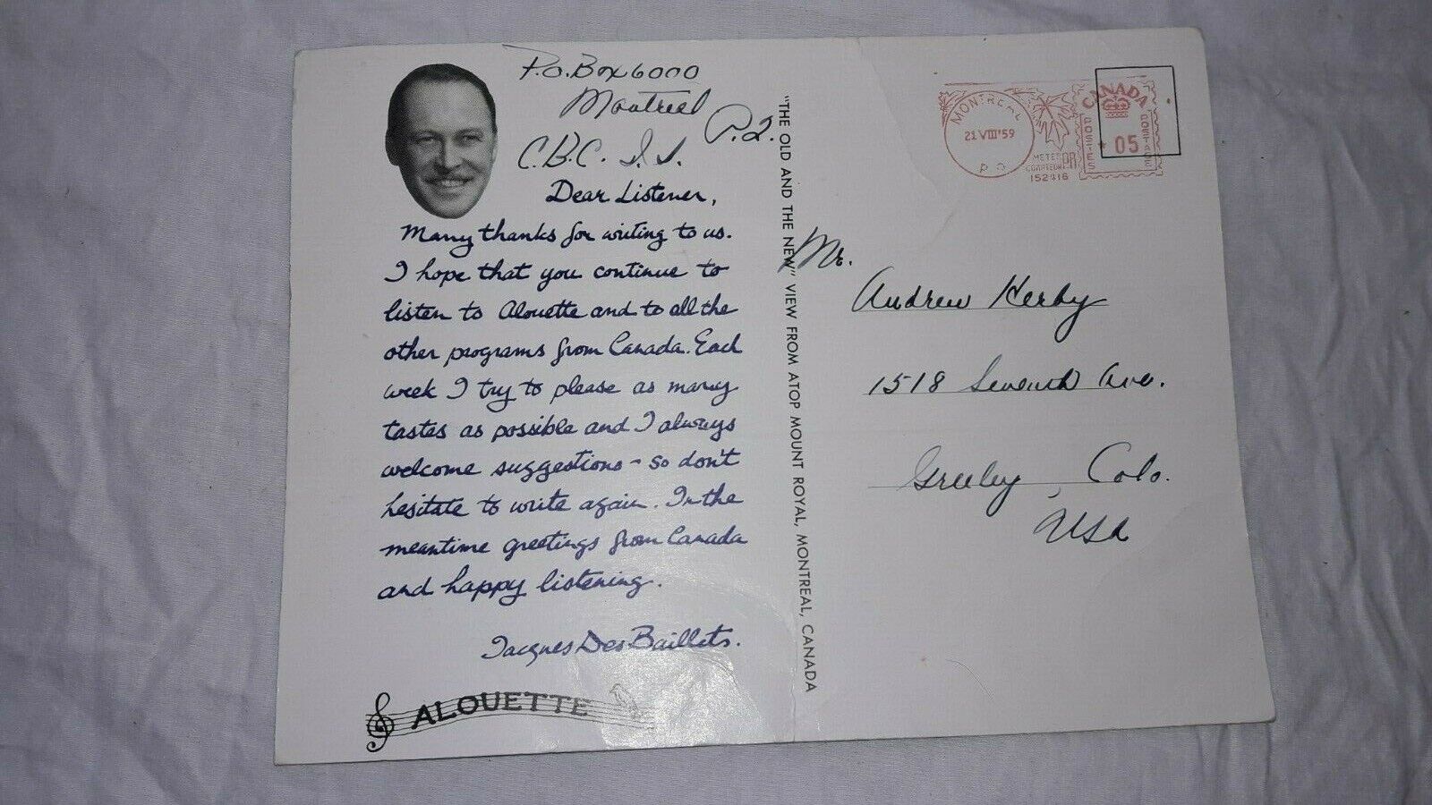 1959, Canadian Radio Personality, Jacques Des Baillets, Alouette Postcard