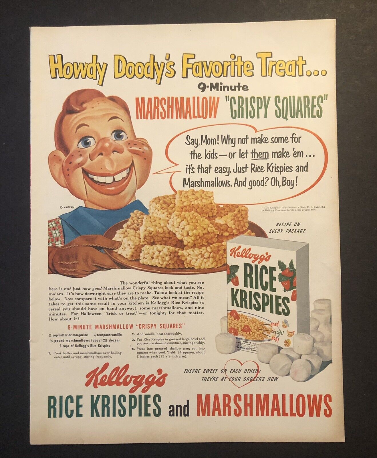 1950’s Howdy Doody’s Favorite Treat Kellogg’s Rice Krispies Colored Magazine Ad