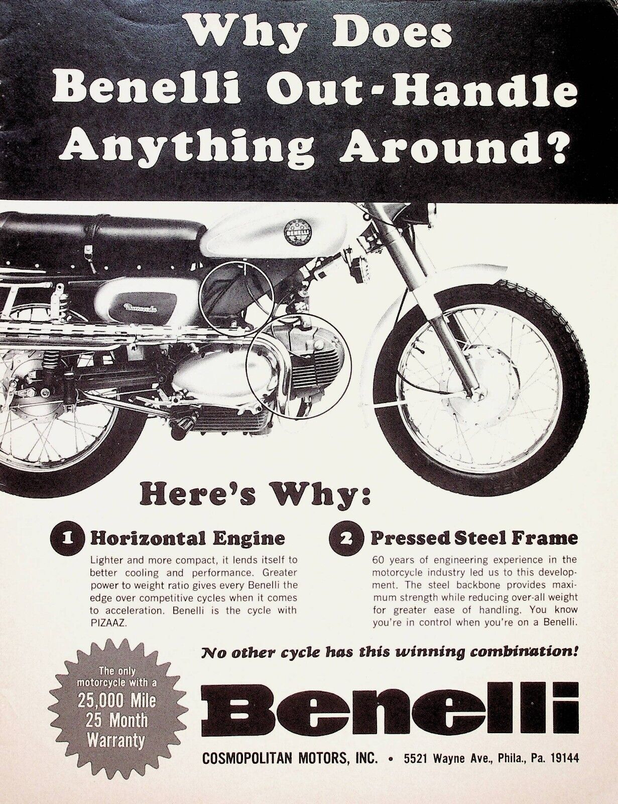1967 Benelli Barracuda Cosmopolitan Motors - Vintage Motorcycle Ad