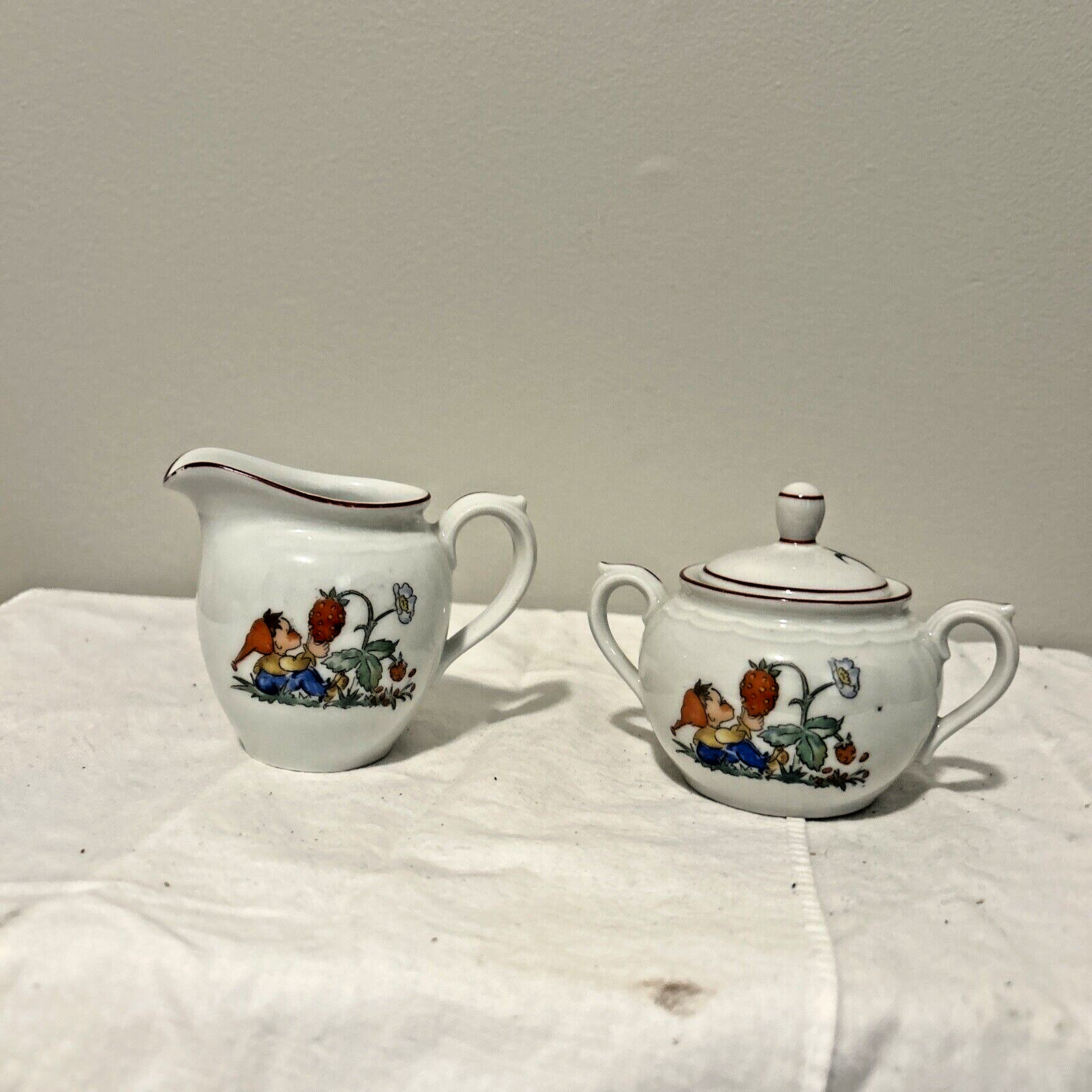 Bavaria Germany Garden Elf Cream And Sugar Set with Flowers and Lady Bug