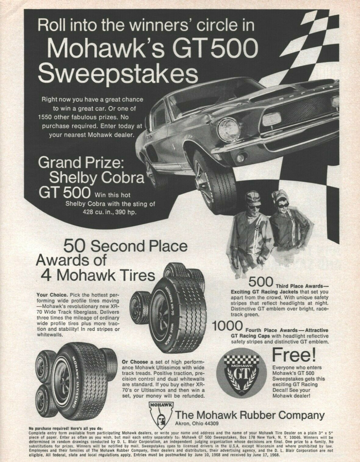 1968 Mohawk GT500 Sweepstake Shelby Cobra Tires Akron OH Vintage - Automobile Ad
