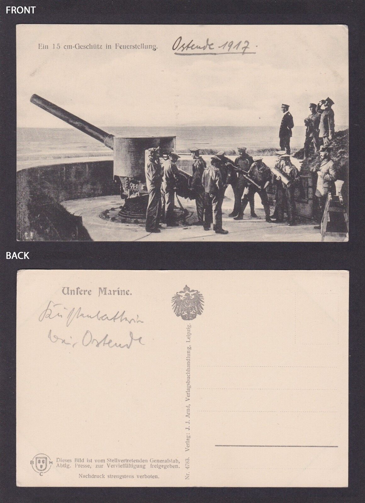 Vintage postcard, 15 cm gun in firing position WWI