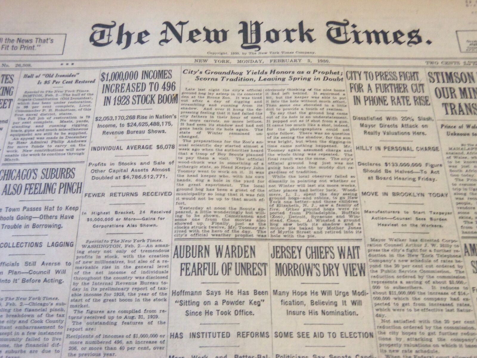 1930 FEBRUARY 3 NEW YORK TIMES - AUBURN WARDEN FEARFUL OF UNREST - NT 5737