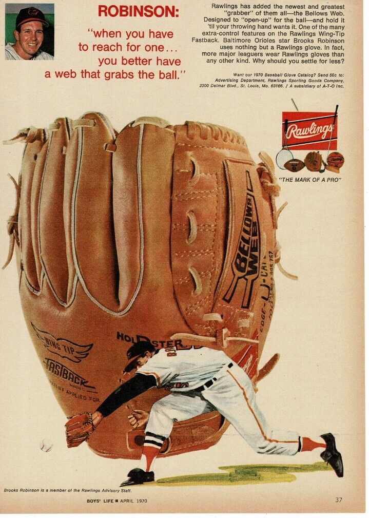 1970 RAWLINGS Fastback Baseball Glove BROOKS ROBINSON Orioles Vintage Print Ad 