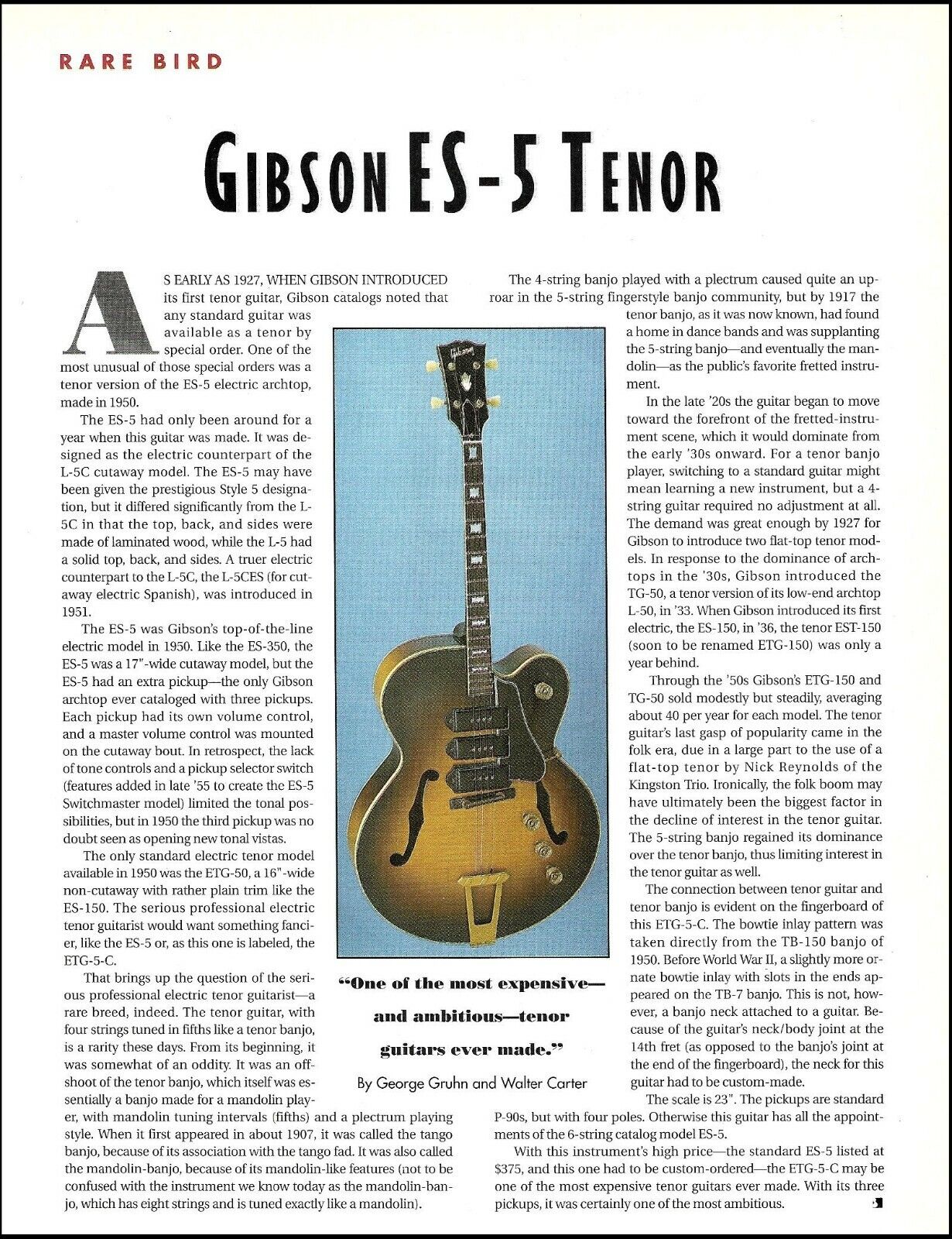 The 1950 Gibson ES-5 Tenor Guitar history article 1991 print