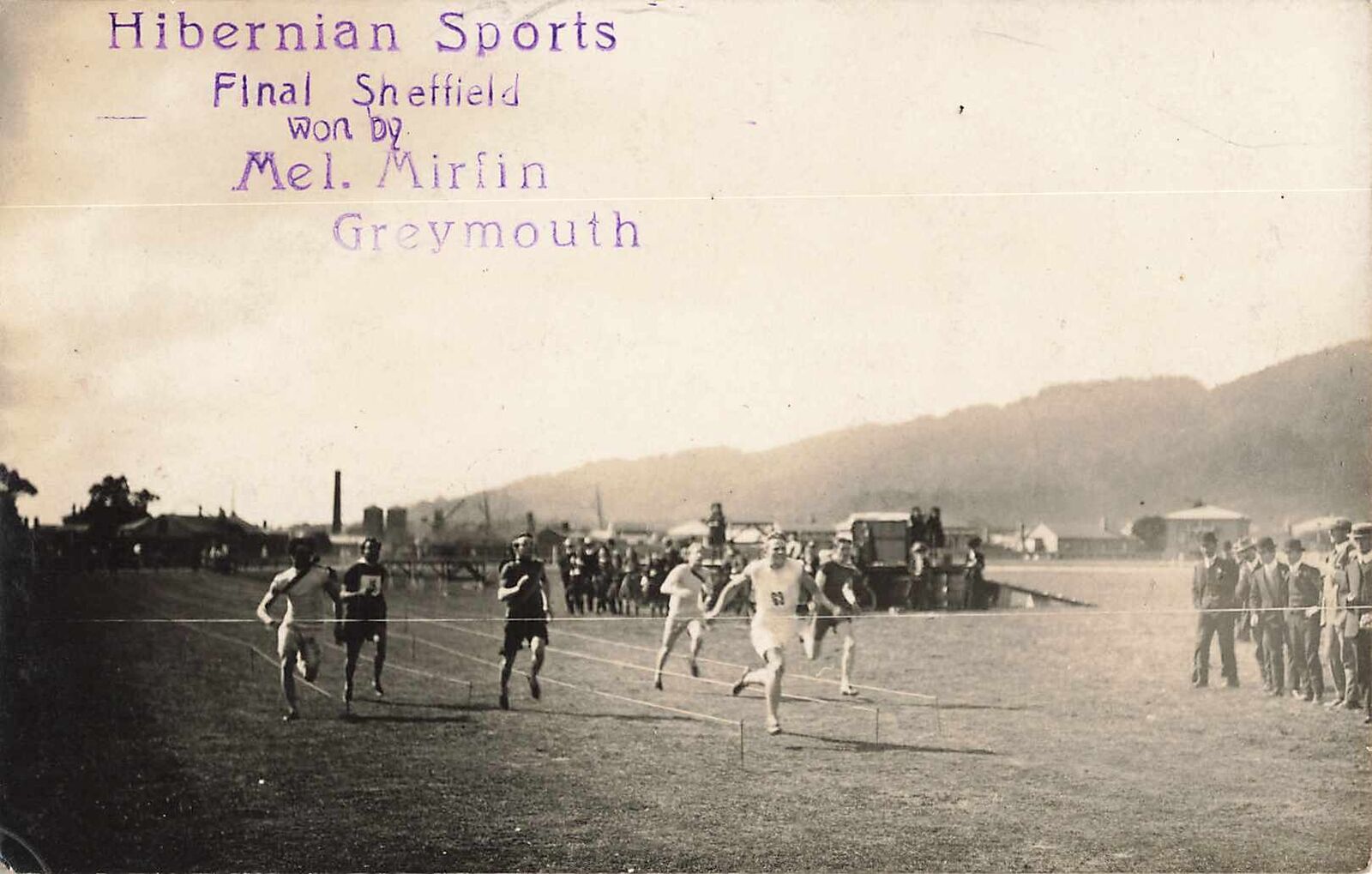 1900s RPPC Hibernian Sports Final Race Sheffield Mel. Mirfin Winner Greymouth NZ
