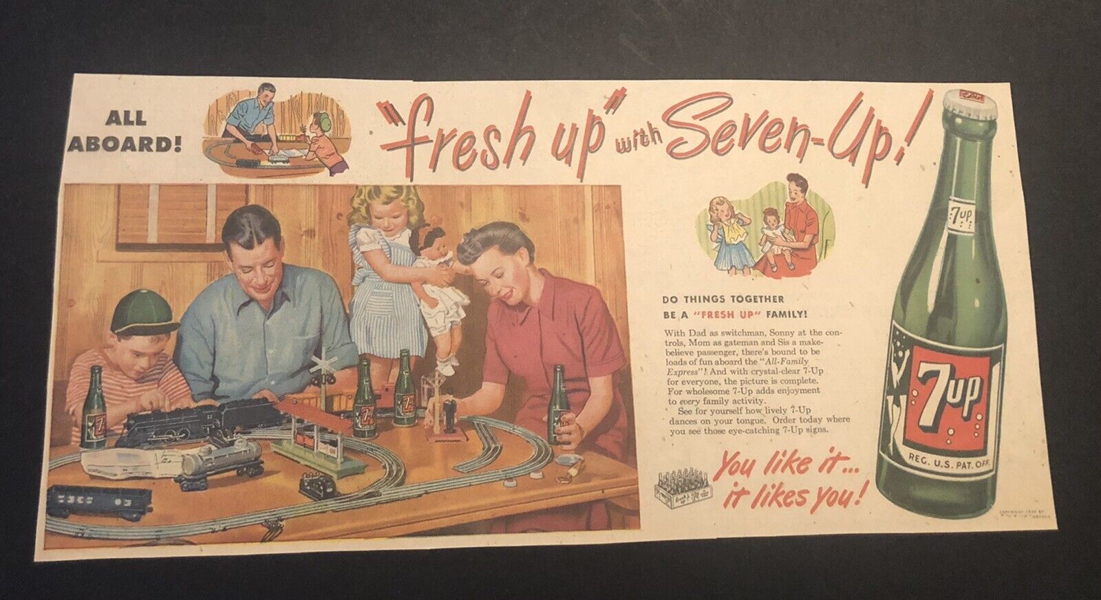 1950’s Seven Up 7-Up Soda Drink Child Play Train Newspaper Comic Ad