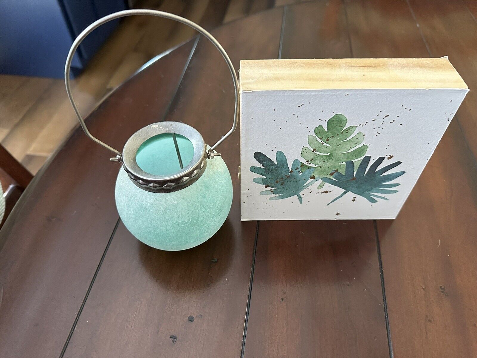 Small Picture & Hurricane Lamp Teal Decor 