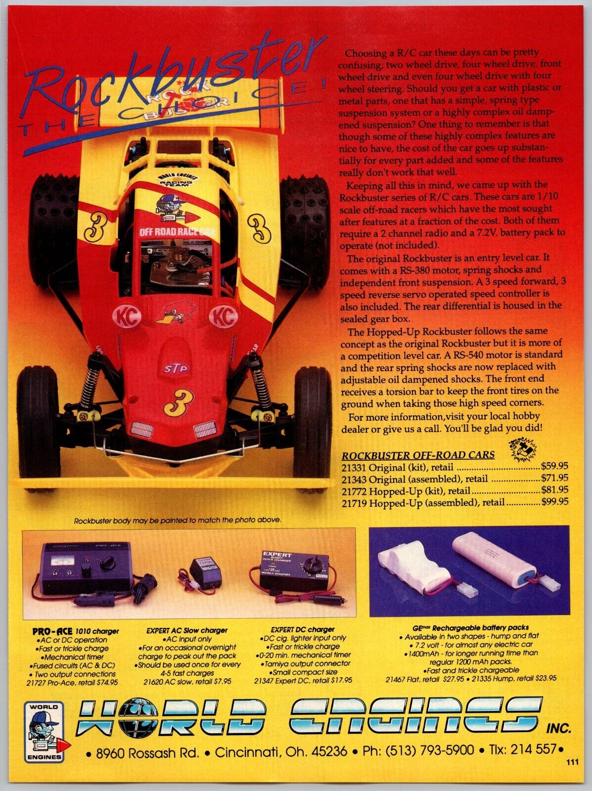 World Engines Inc. Rockbuster Model R/C Race Car Vtg Dec 1987 Full Page Print Ad