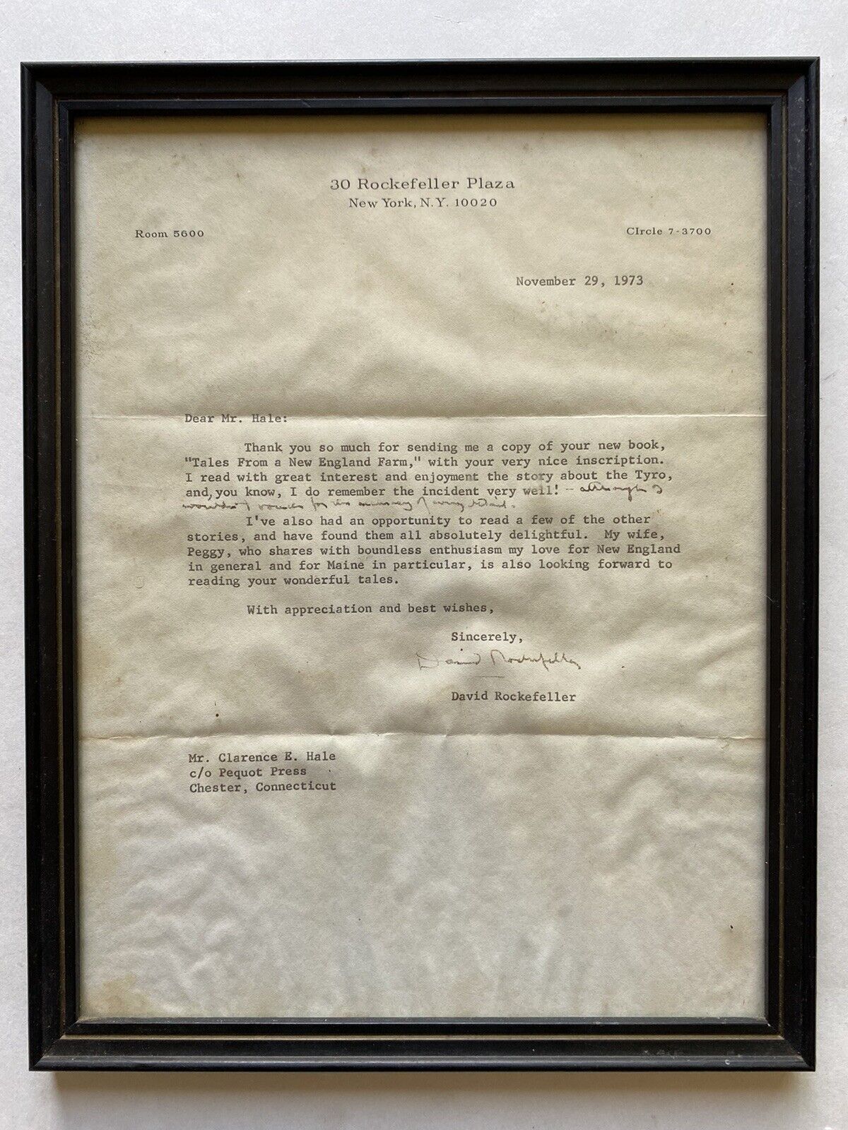 David Rockefeller Signed Autograph Letter Handwritten Note Author Clarence Hale