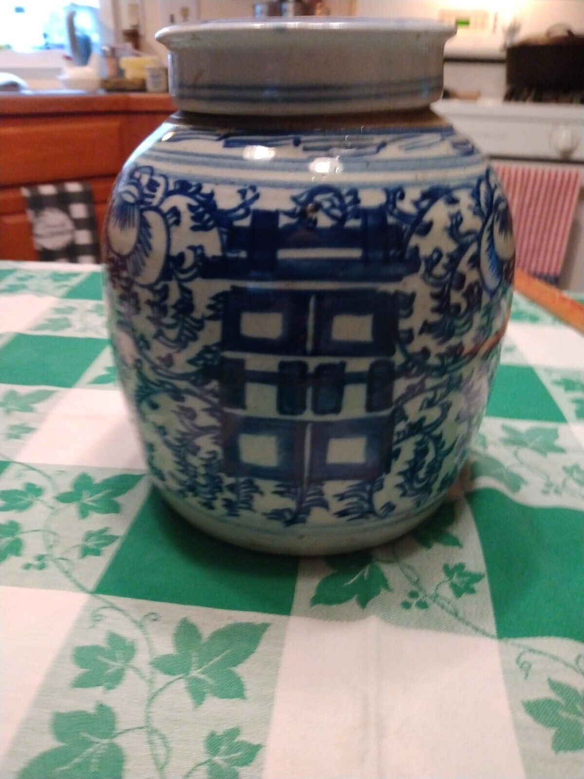 Vintage Asian Chinese Stoneware Ginger  Blue And White Stoneware With Lid