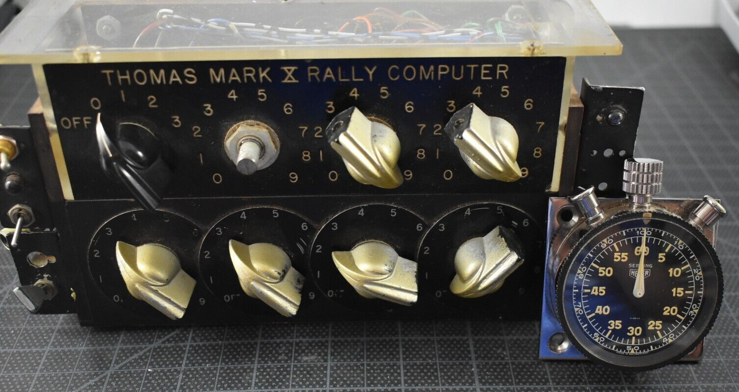 VINTAGE HEUER SEBRING SPLIT SECOND RACE CAR CLOCK & THOMAS MARK X RALLY COMPUTER