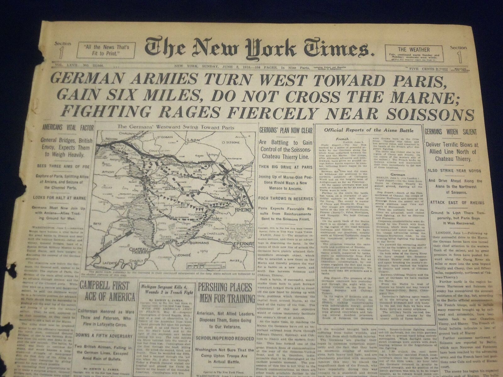 1918 JUNE 2 NEW YORK TIMES - GERMAN TURN WEST TO PARIS - NT 9075