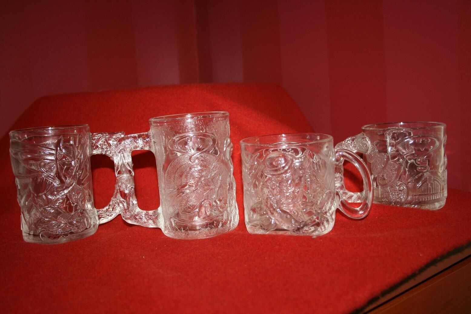 Vintage 1995 McDonald\'s 3D BATMAN FOREVER Joker Glass Mugs Cups Complete Set 4 