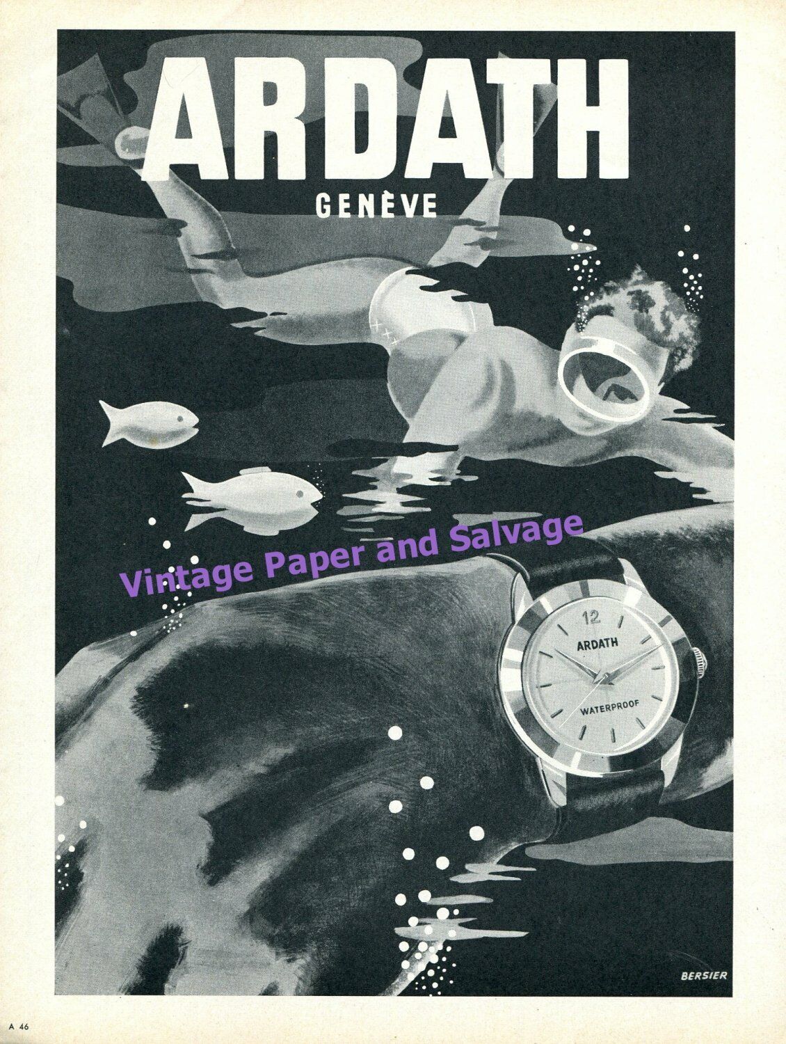 Ardath Waterproof Watch Advert Under Water Swimming Vintage 1957 Swiss Print Ad