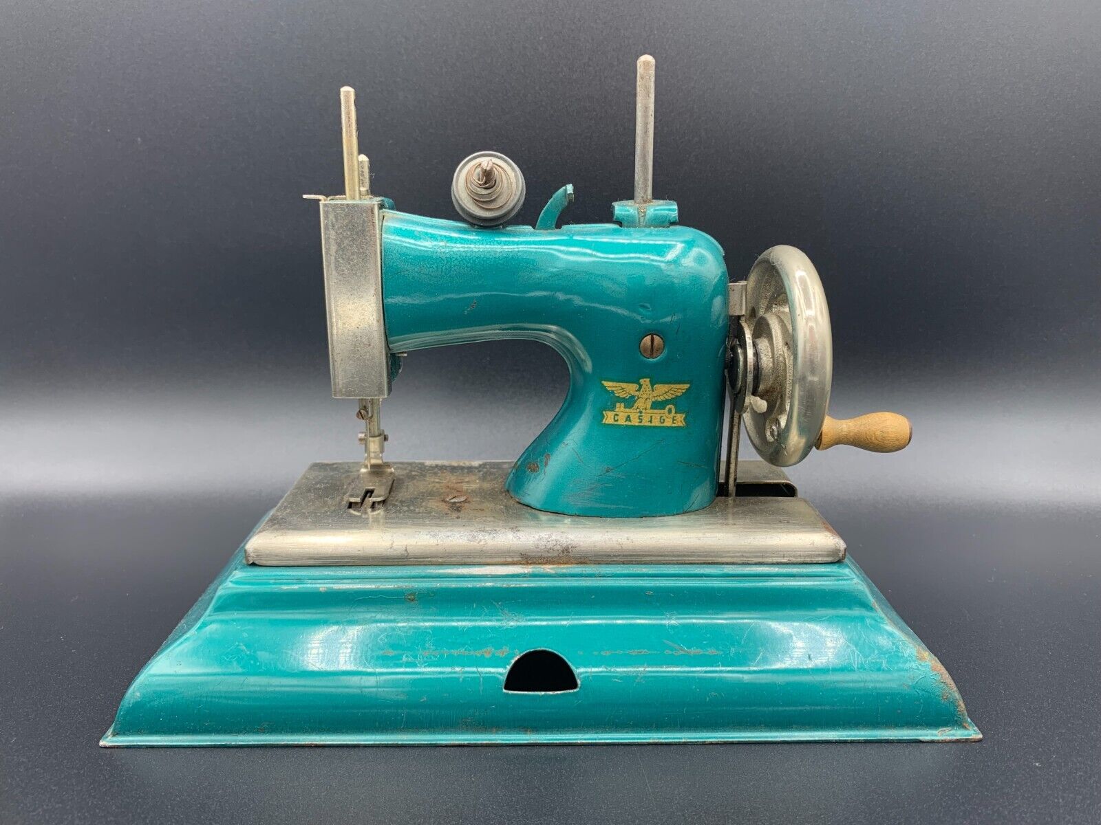 Vintage CASIGE German Miniature  Child Toy Doll Hand Crank Sewing Machine c.1940
