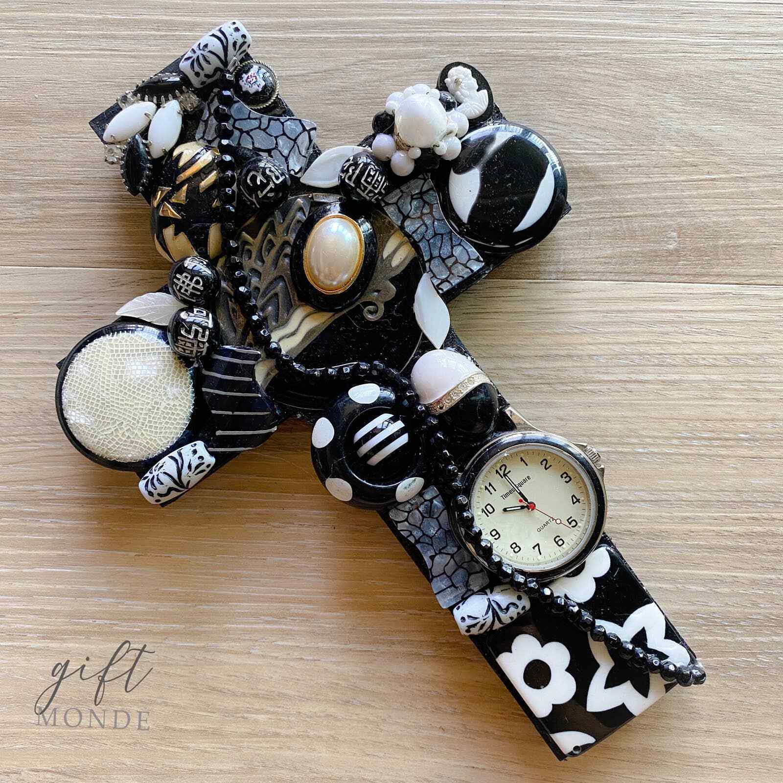 Black and White Jeweled Wall Cross Gift Decor Antique Vintage Jewelry Pieces