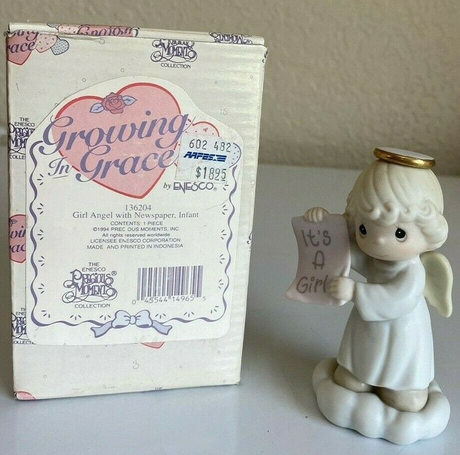 New Precious Moment A Girl GROWING IN GRACE Angel 136204 Gender Reveal Gold trim