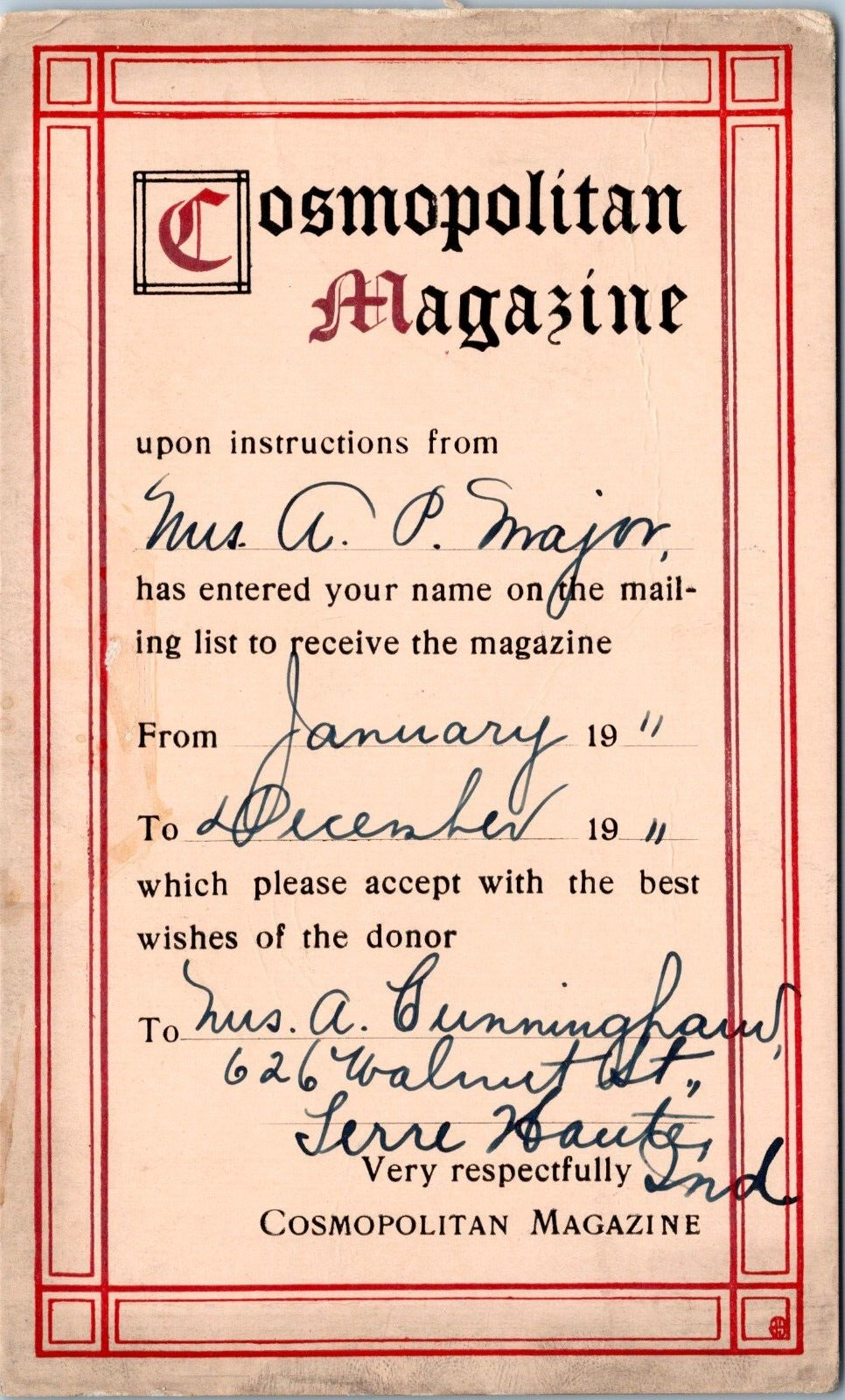 1911 Cosmopolitan Magazine Postal Card - Subscription Notice