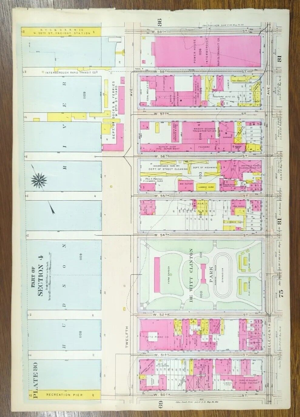 Vintage 1916 WEST SIDE DEWITT CLINTON PARK MANHATTAN NEW YORK CITY ~ BROMLEY Map