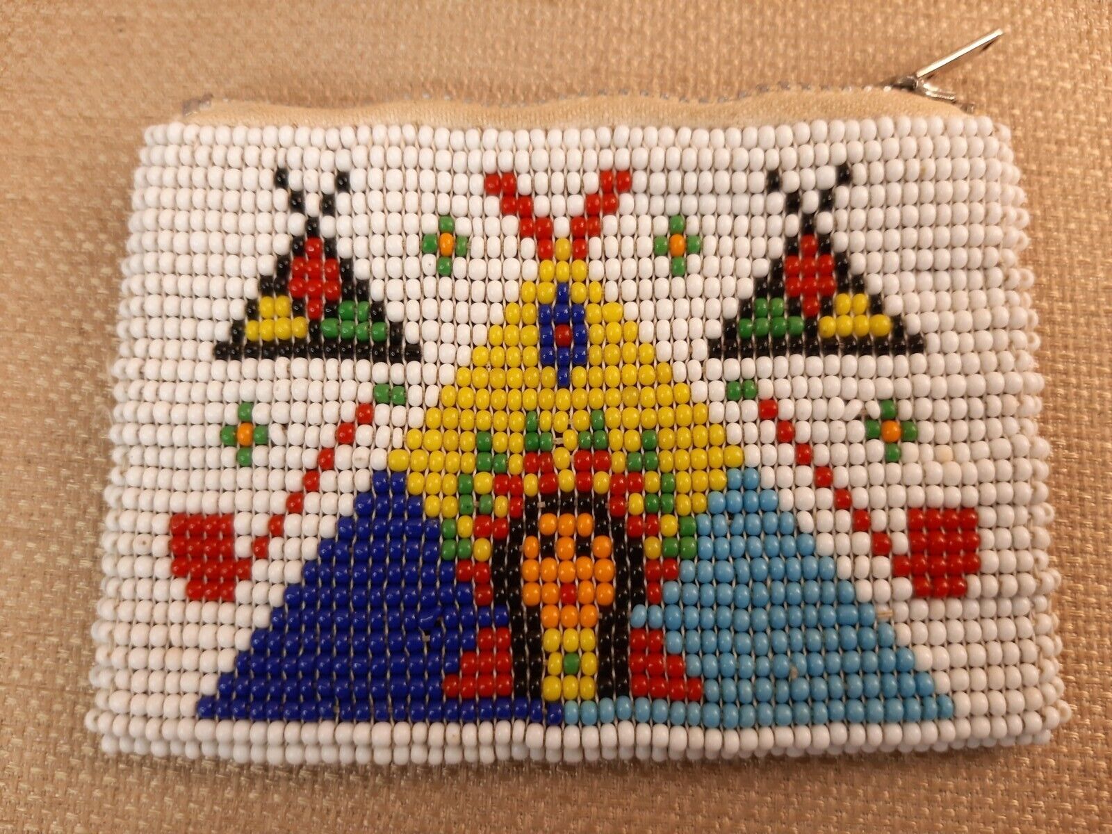 Vintage Native American Seed Bead Leather Coin Purse, Pipes Teepee Wigwam