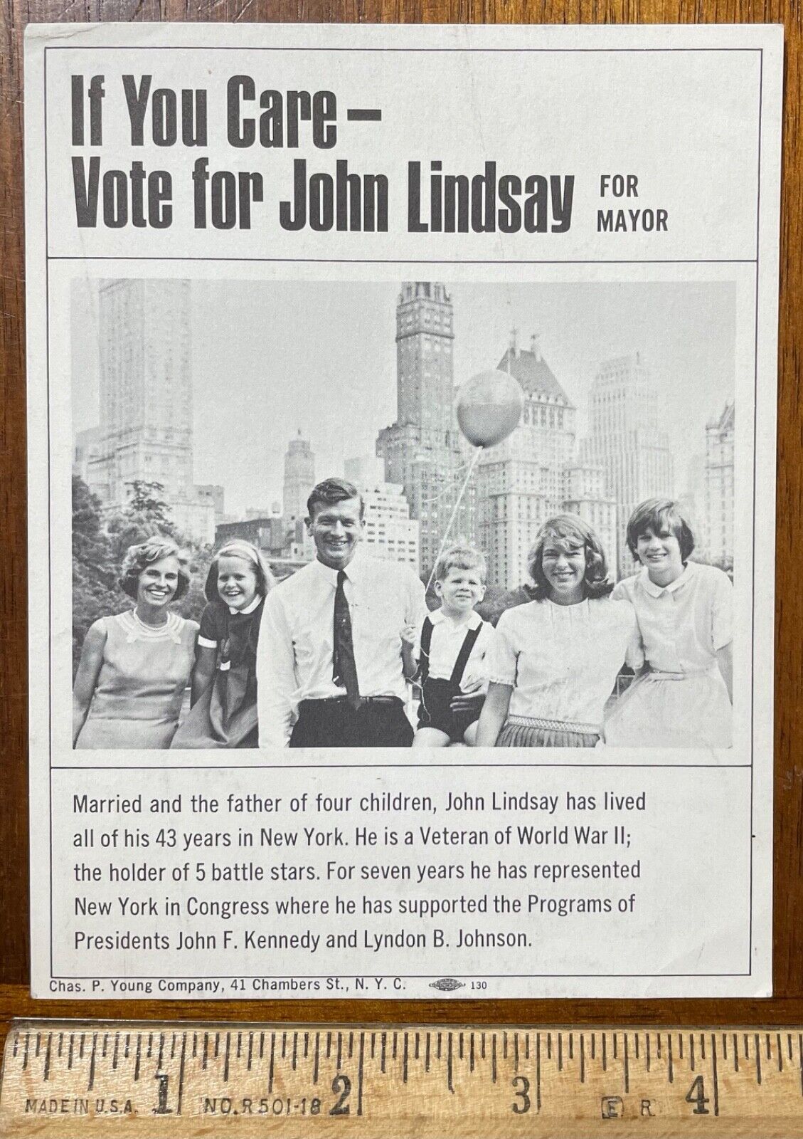 Vintage 1965 election politics flyer John Lindsey for Mayor New York Republican