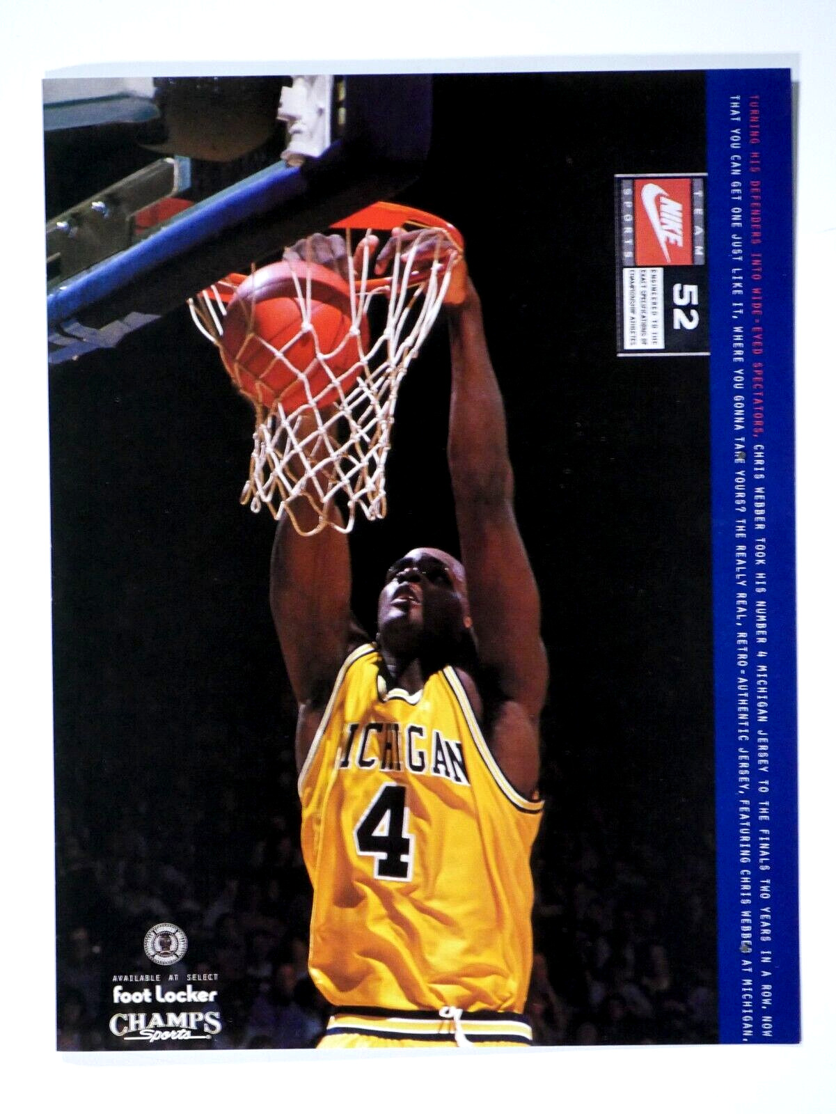 Chris Webber Michigan Wolverines Fab Five Nike Vintage 1994 Original Print Ad