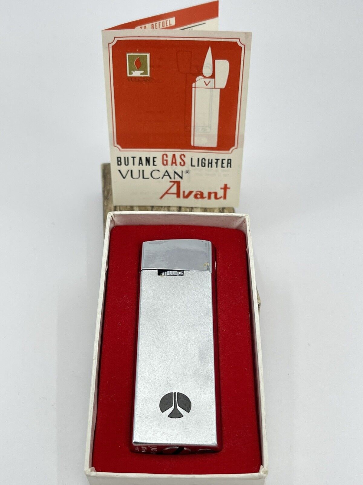 Vintage Vulcan Avant butane gas lighter IOB Japan flip top silver tone