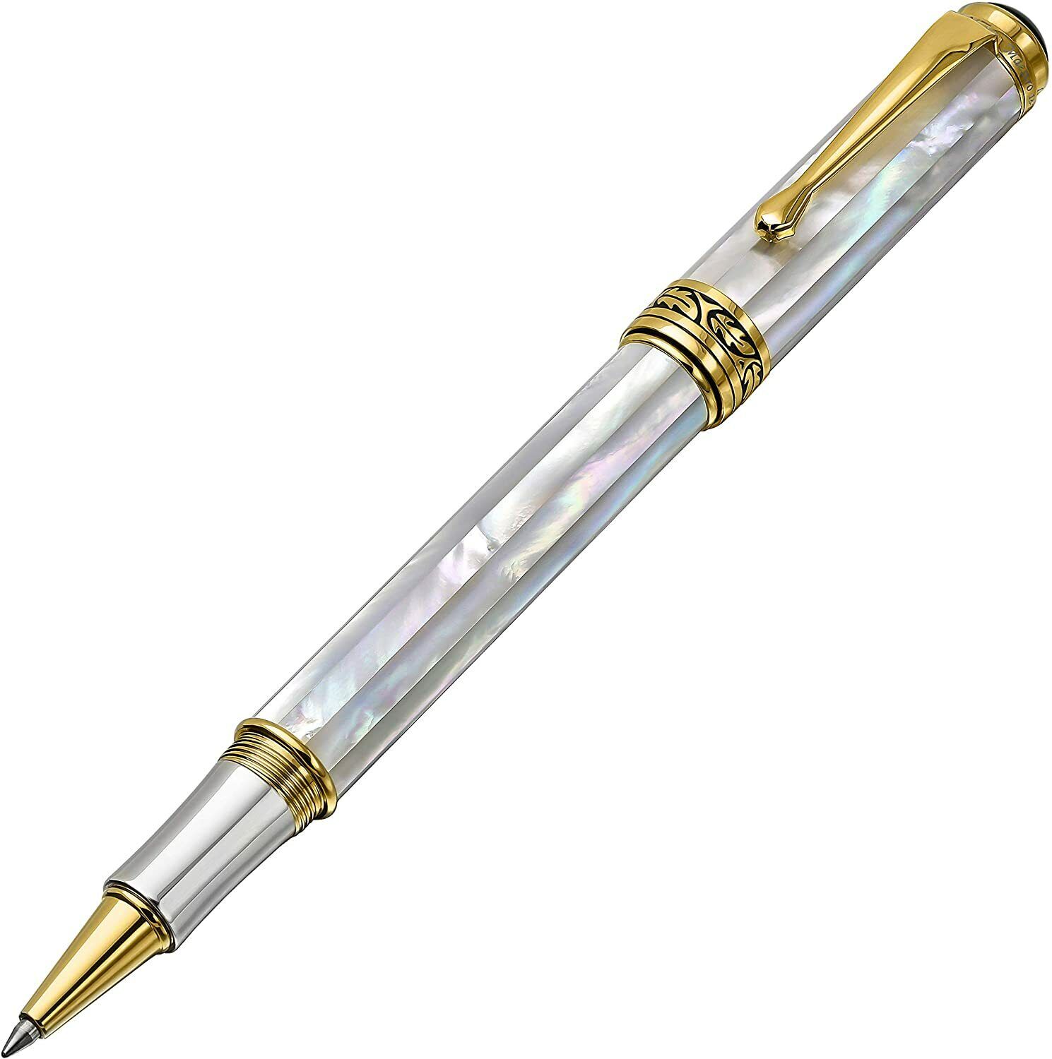 Xezo Maestro White Mother of Pearl Rollerball Pen, Fine Point. 18k Gold Plated