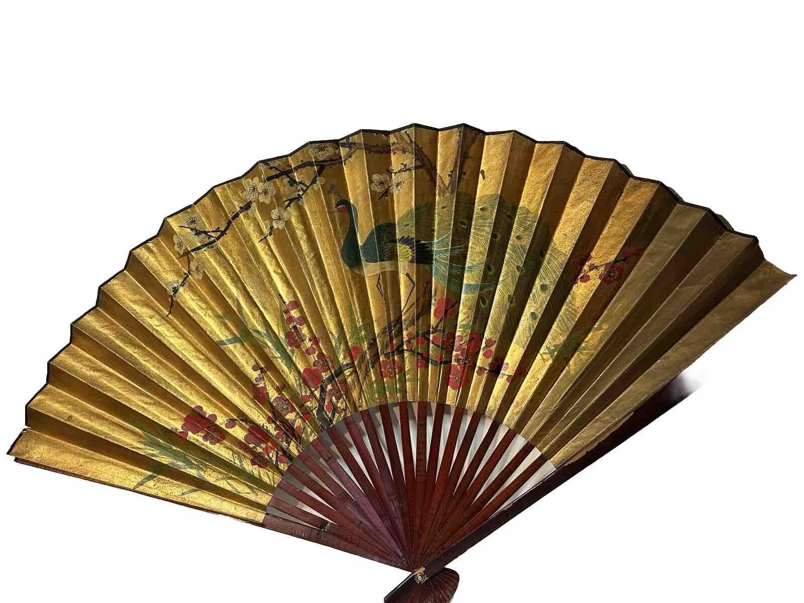 Extra Large Vintage Chinese Gold Hand-Painted Peacock & Blossoms Wall Fan READ