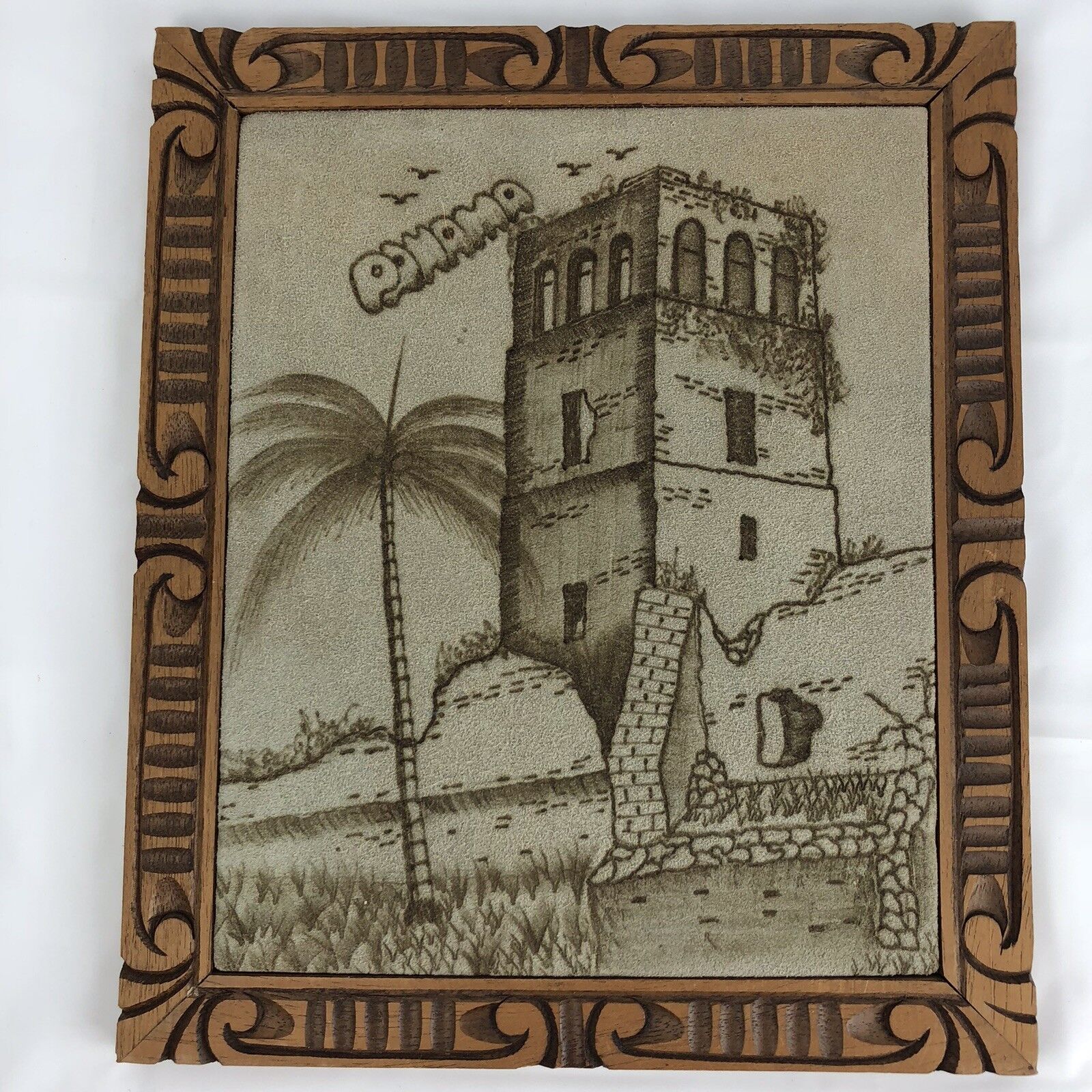 Hand Burned Leather Viejo Panama Art Carved Picture Frame Vintage 12 X 14