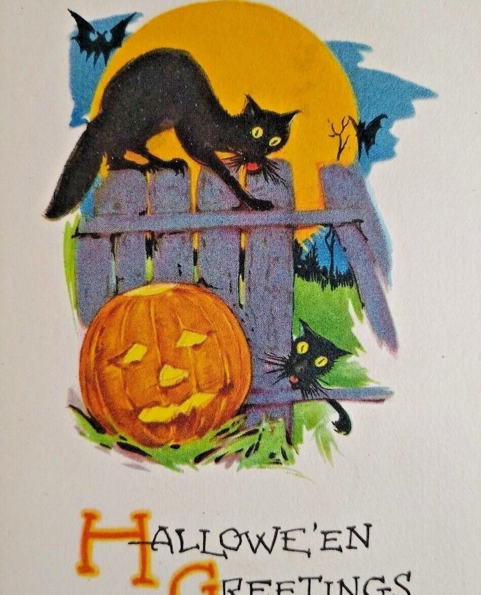 Halloween Postcard Fantasy Gibson Black Cats Vampire Bats Big Moon JOL Pumpkin