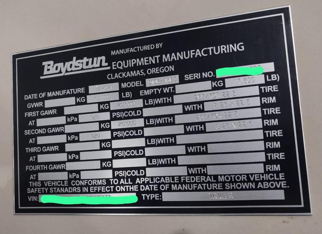 Boydstun Truck Trailer Data Plate Aluminum Engraved
