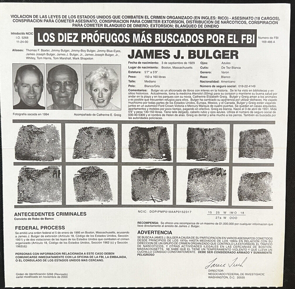 RARE JAMES WHITEY BULGER AUTHENTIC WANTED BY FBI POSTER IRISH MOB SPANISH 5258