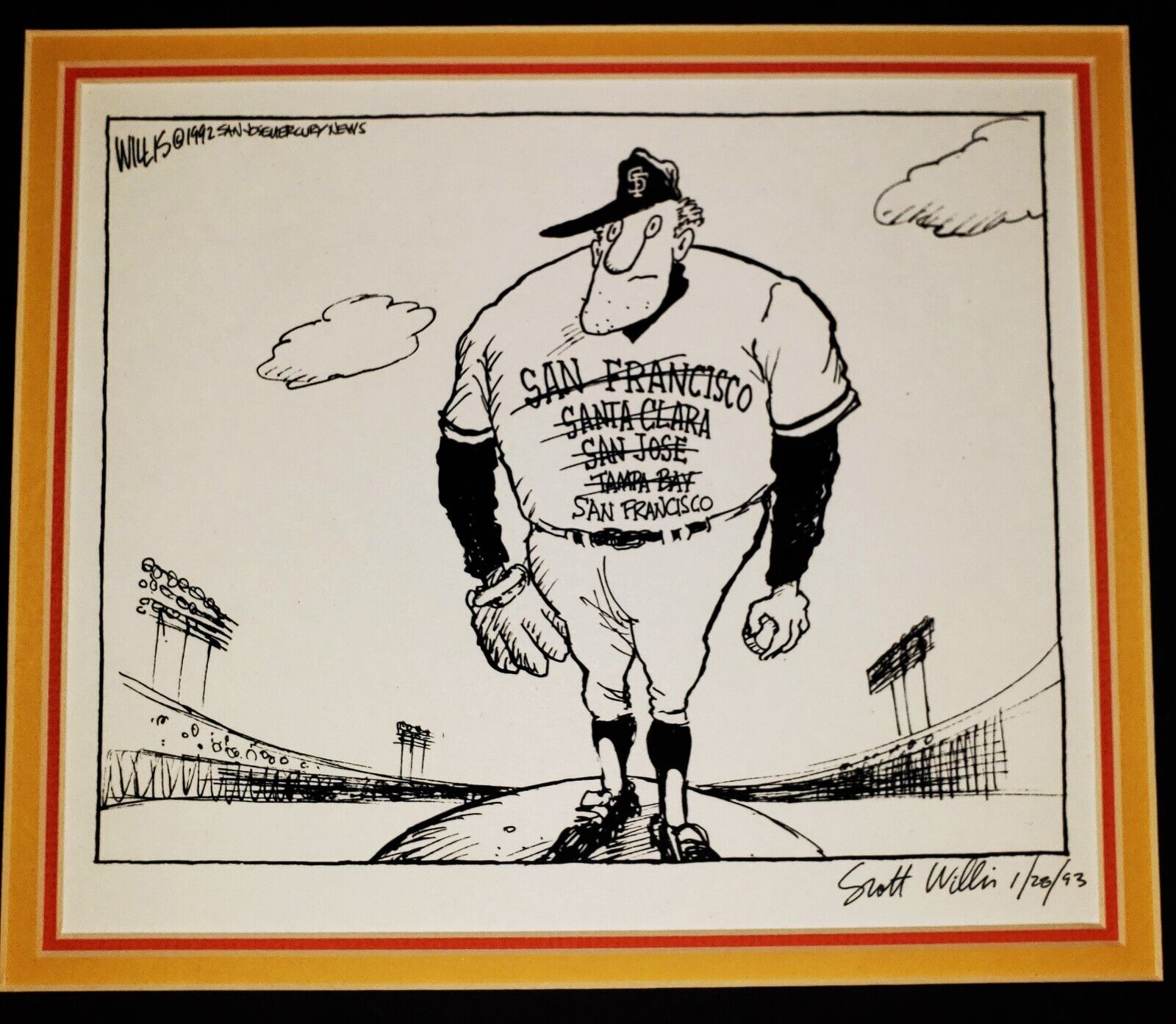 SCOTT WILLIS Original SIGNED Pen & Ink comic Illustration Baseball SF GIANTS '93