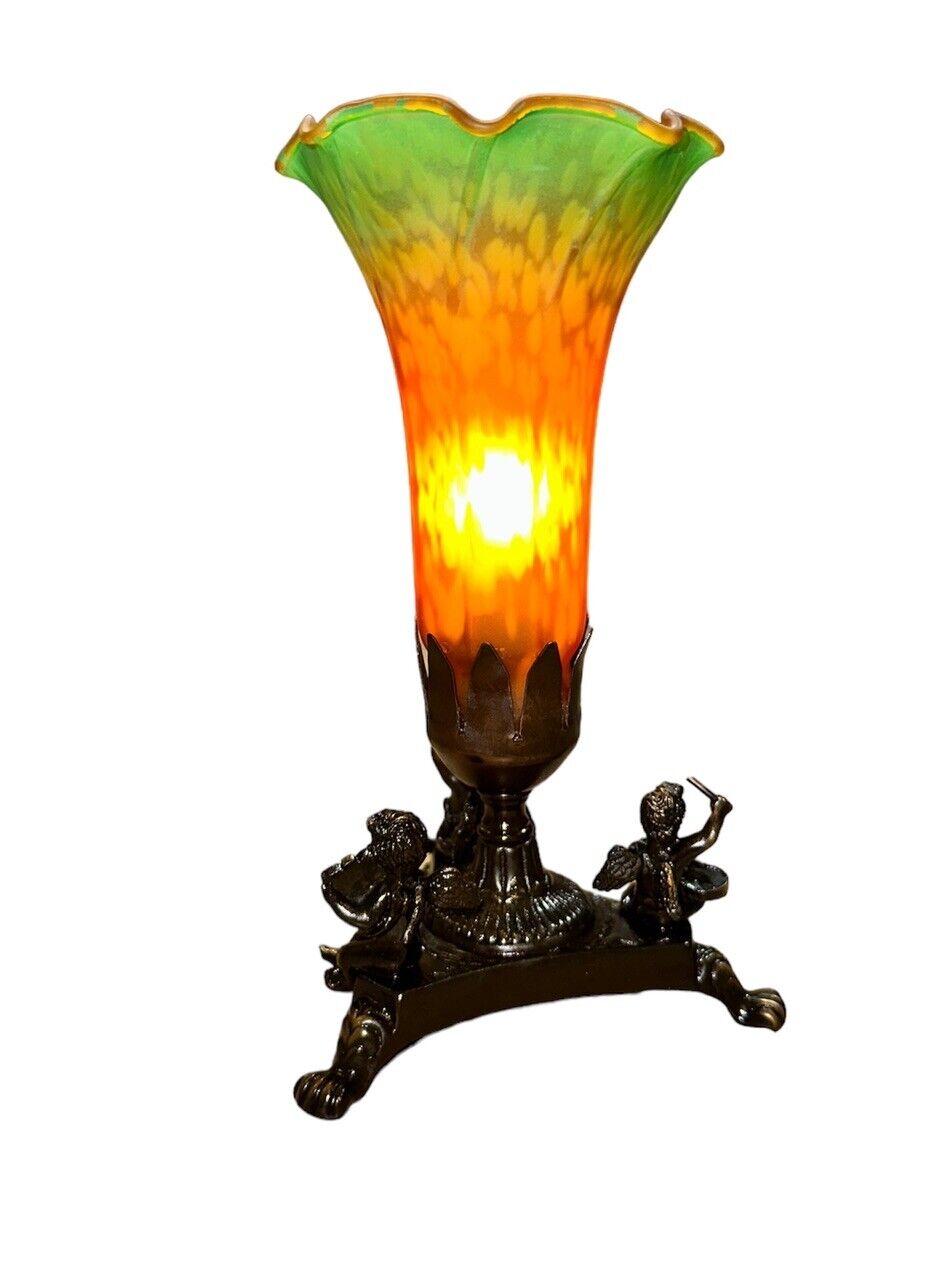 Vintage Tiffany Style Art Deco Glass Lily Tulip Fluted Lamp Cherubs 9” See Desc.