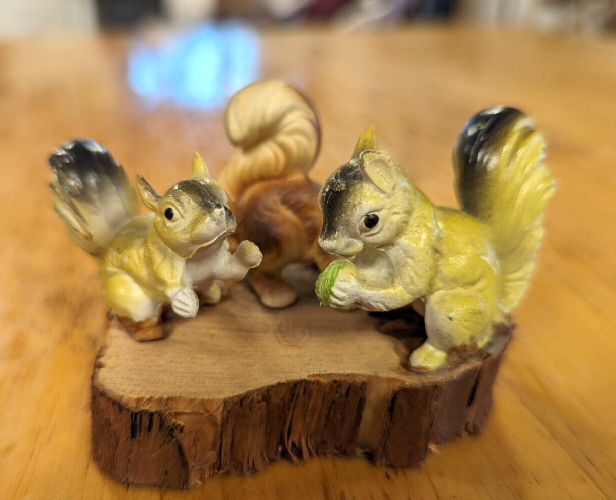 Vintage Miniature Squirrel Family on Wood Base MCM 60s Squirrels Kitsch Figurine