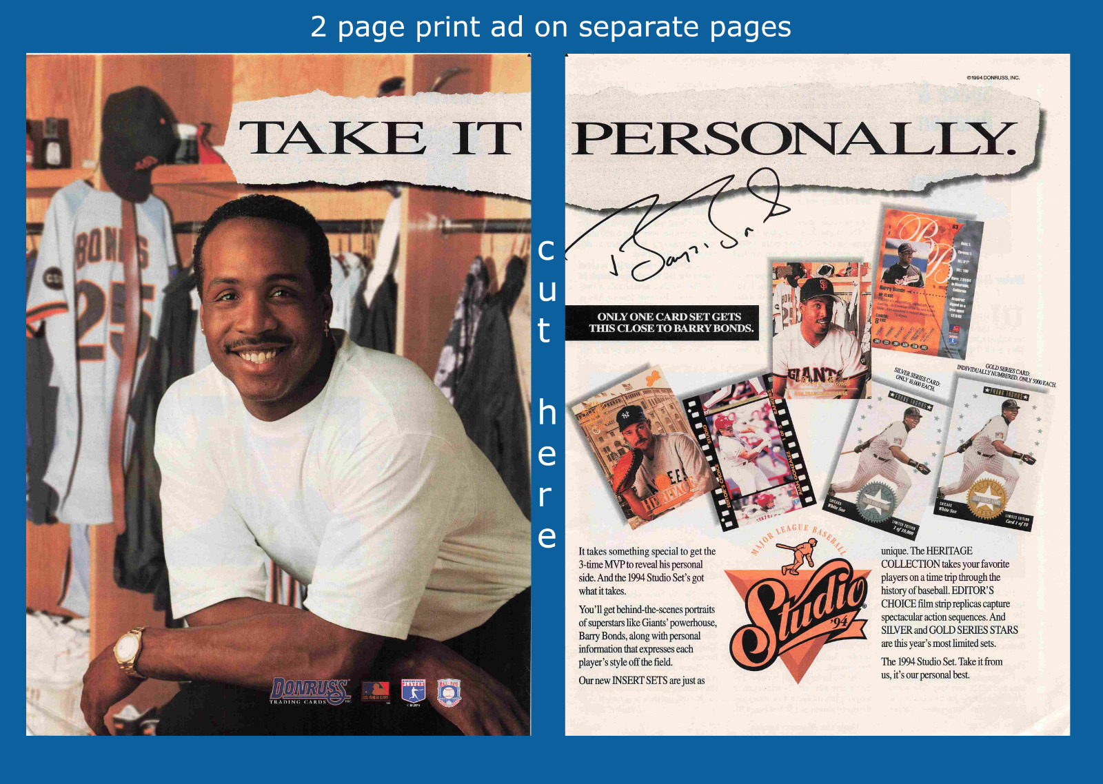 Barry Bonds Donruss Studio 1994 Baseball Card Ad 1990S Vtg 2 Page Print Ad 16X11
