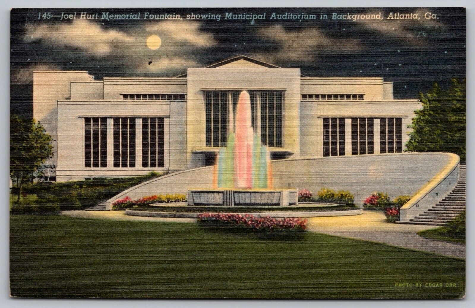 Joel Hunt Memorial Fountain Municipal Auditorium Atlanta GA Linen WOB Postcard