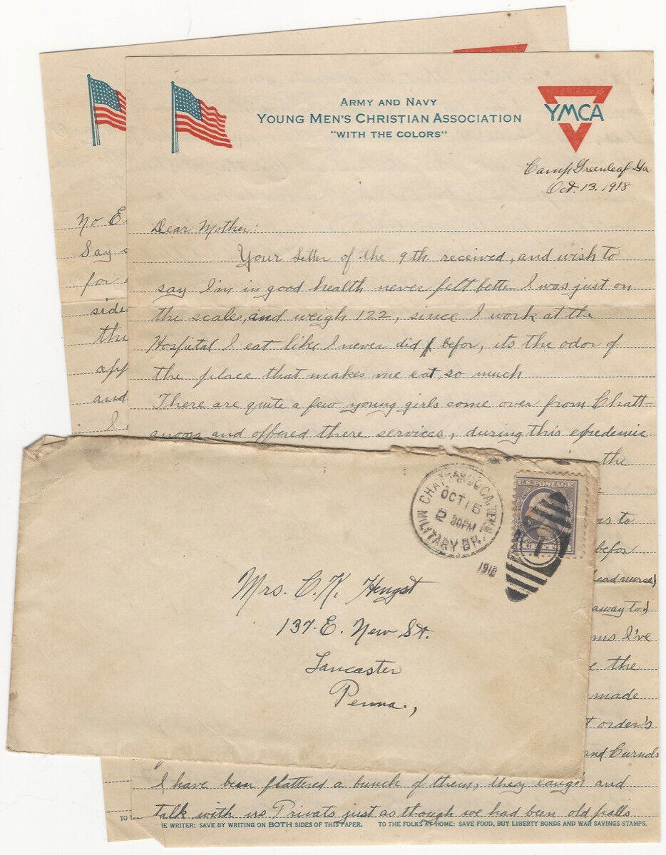 1918 Army YMCA Letter from Georgia Hospital Soldier w/Epidemic & Officer Dying