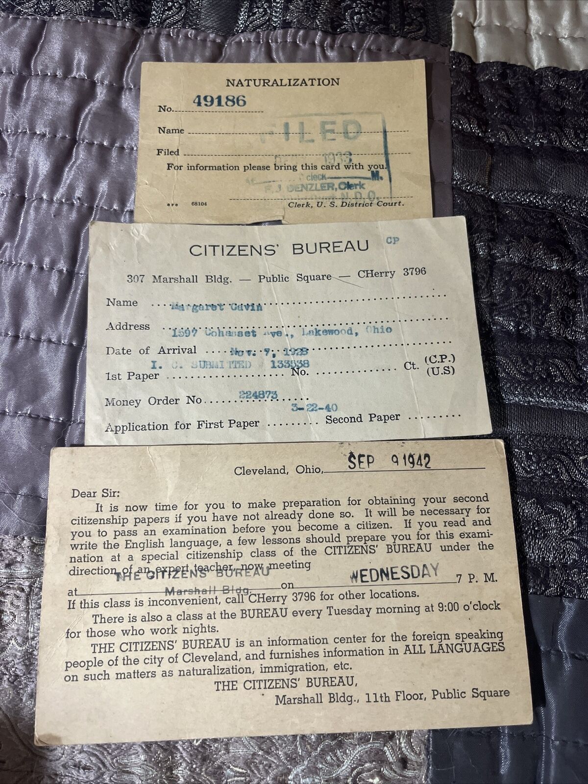 Vintage Naturalization Papers And Citizens Bureau Papers 1933, 1940, 1942