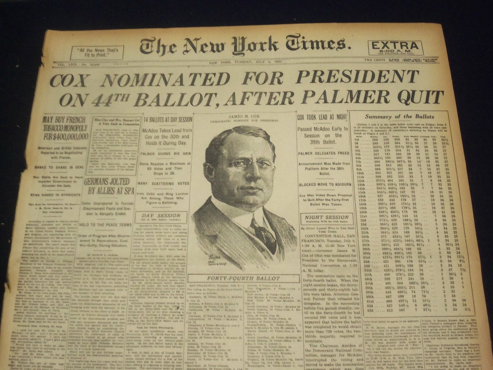 1920 JULY 6 NEW YORK TIMES - COX NOMINATED FOR PRESIDENT - NT 9322