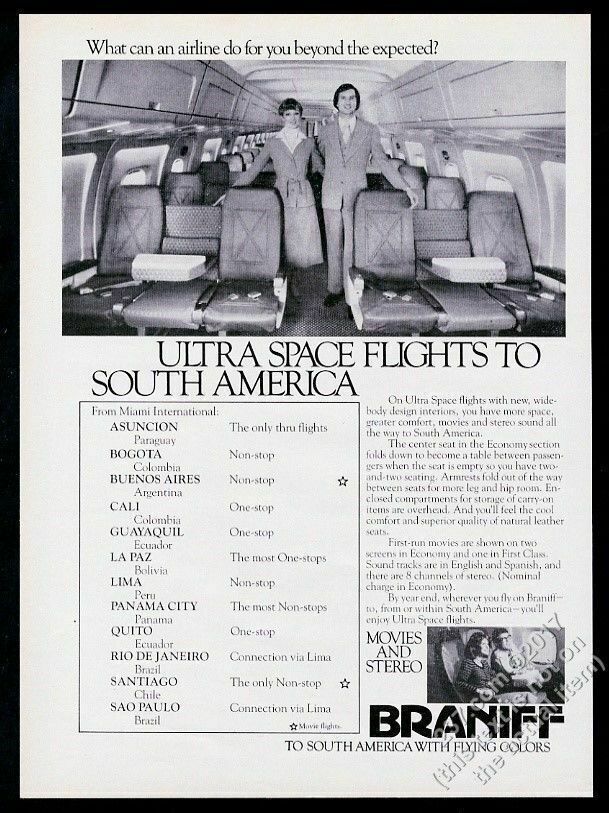 1977 Braniff International stewardess steward photo Ultra Space flight print ad