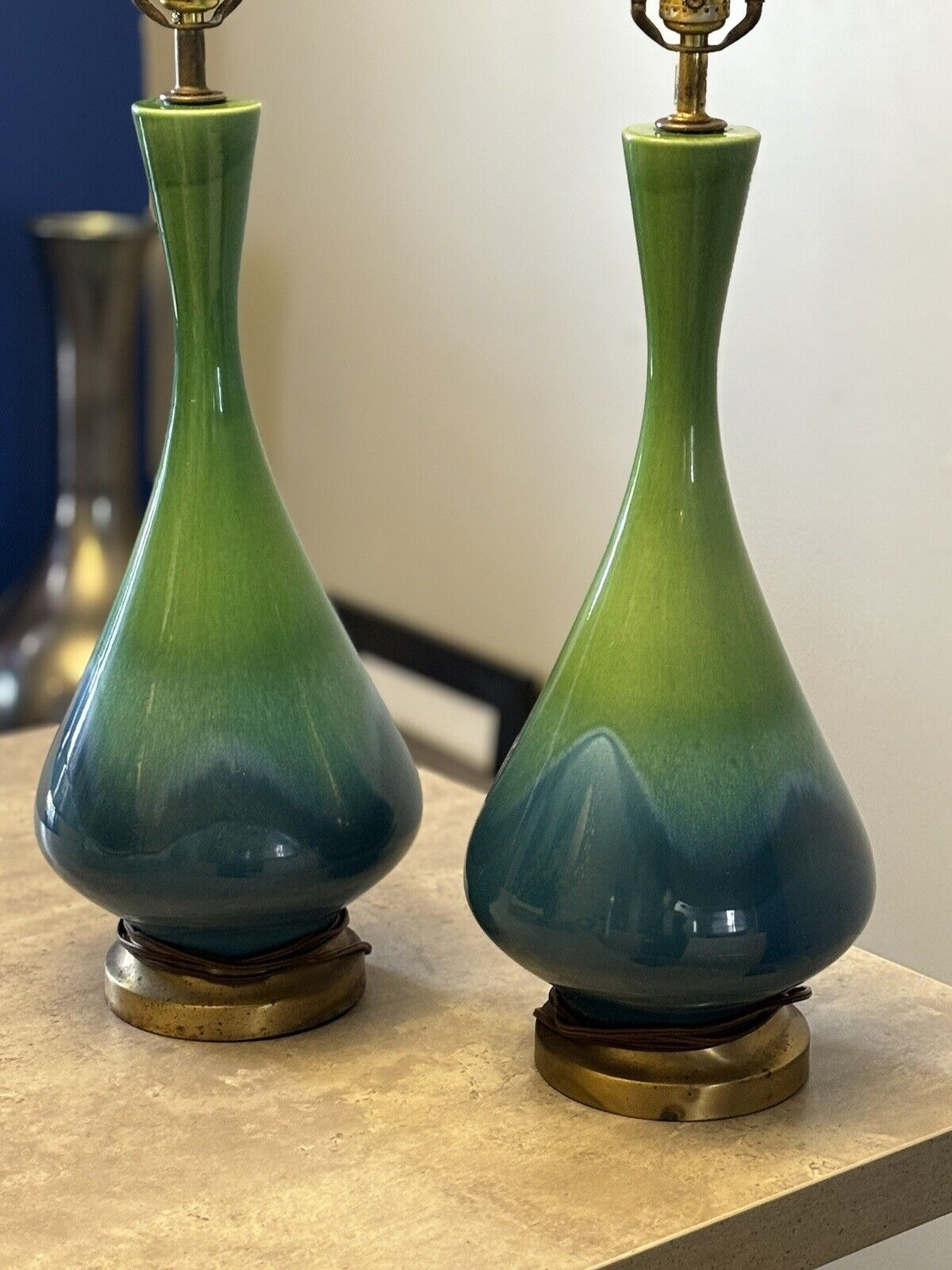1950s MCM Royal Haeger Etruscan Blue Green Lava Drip Glazed Ceramic Lamps