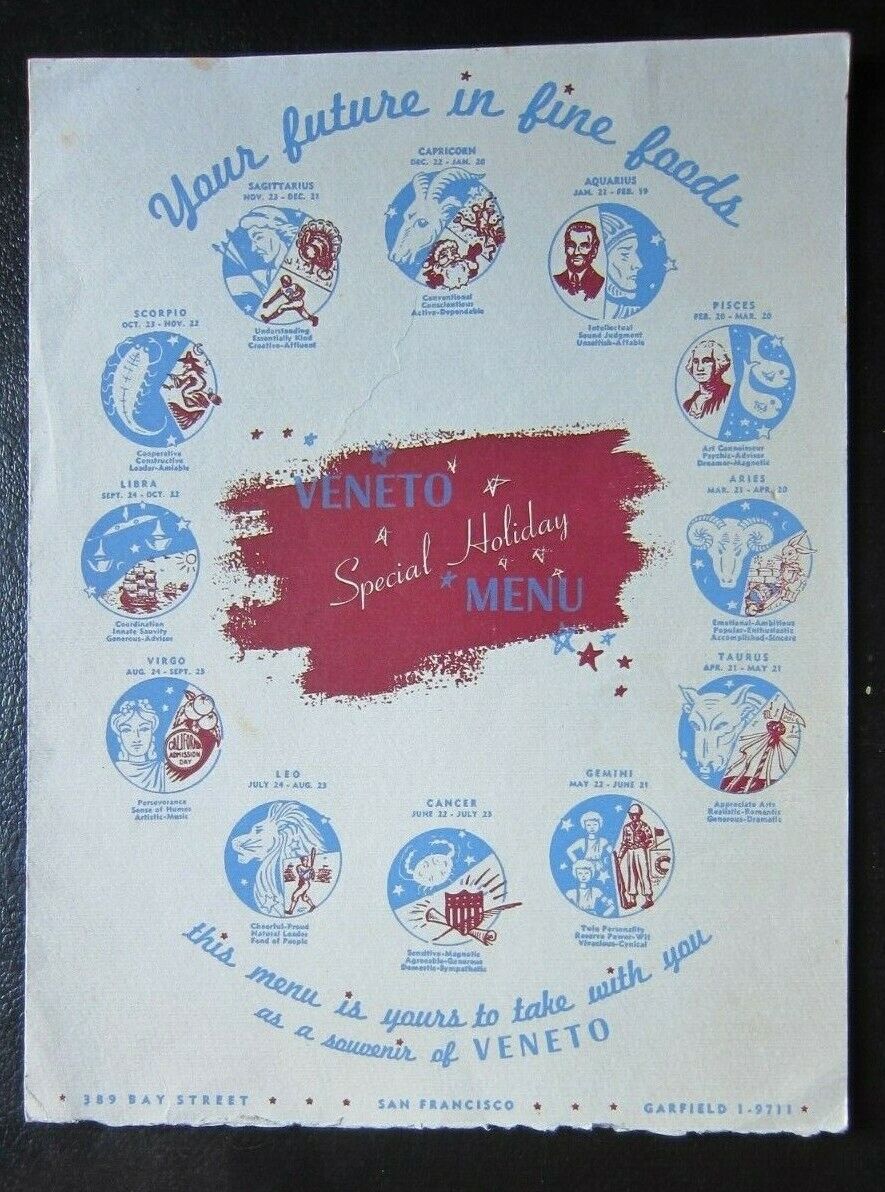 1947 VENETO Restaurant Beverages List & Special Big Game Menu with zodiac cover