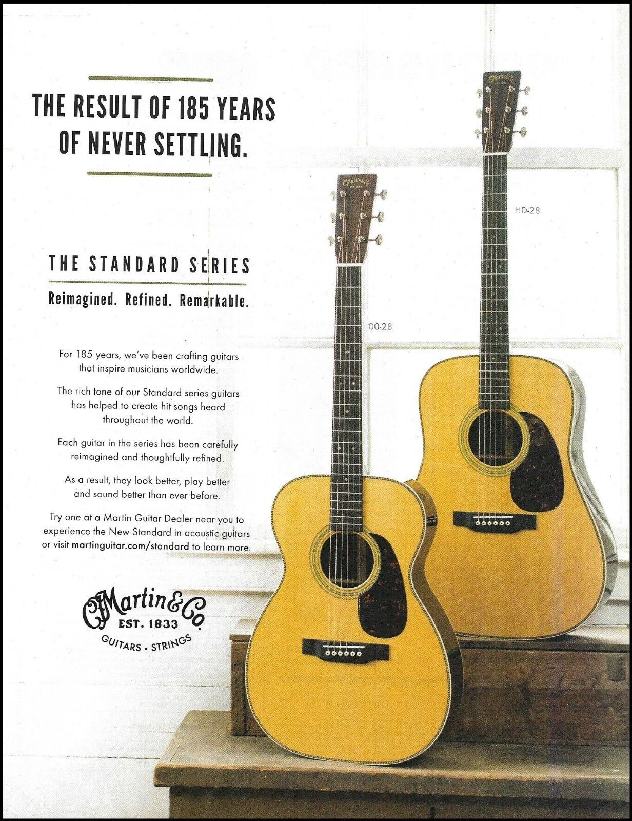 Martin Standard 00-28 & HD-28 acoustic guitar ad 185th anniversary advertisement
